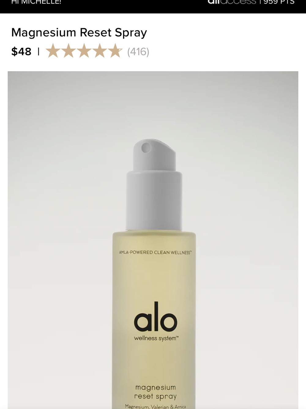 ALO Yoga Magnesium Reset Spray - Clear Bottle with White Cap